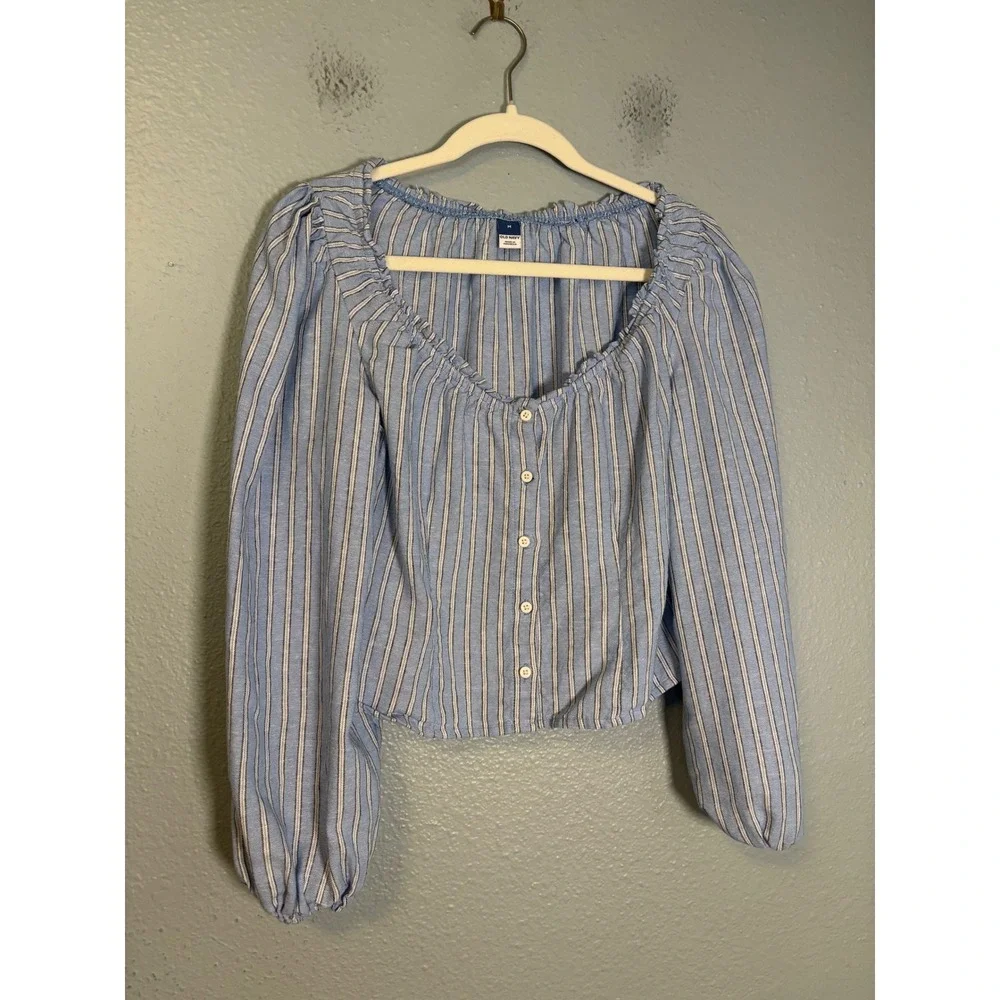 Old Navy Blue White Striped Linen Blend Ruffle Neck Puff Sleeve Top Medium